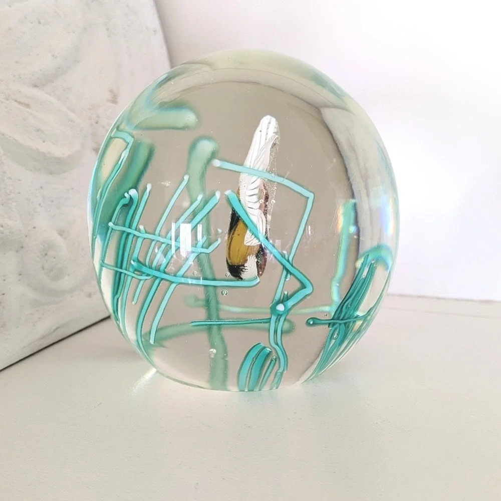 Vtg Fratelli Toso Murano Purple/Yellow Fish Seaweed Paperweight Glass Aquarium - Picture 6 of 9
